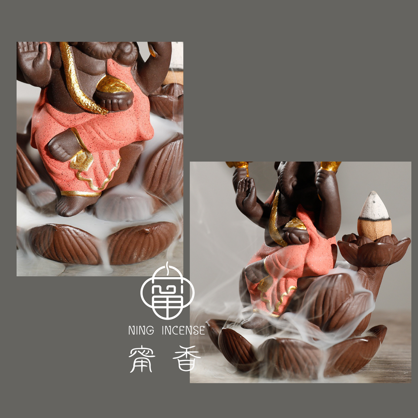 印度象神坐蓮紫砂陶瓷倒流香 香薰爐