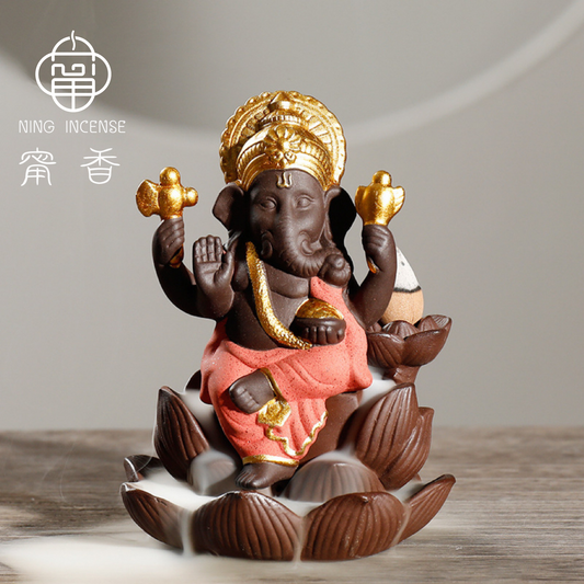 印度象神坐蓮紫砂陶瓷倒流香 香薰爐