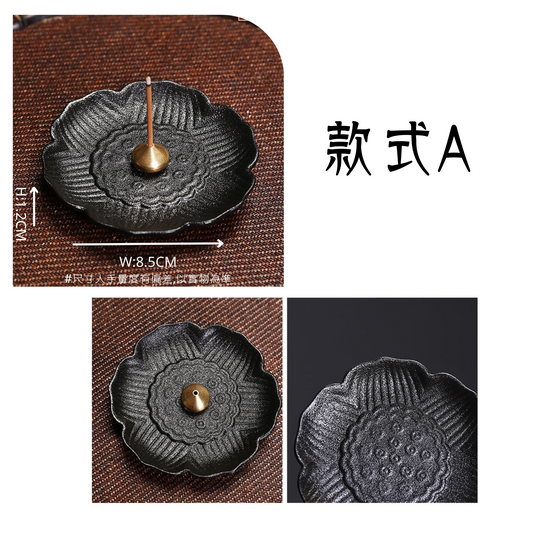 日式黑陶瓷線香碟 附送銅香插